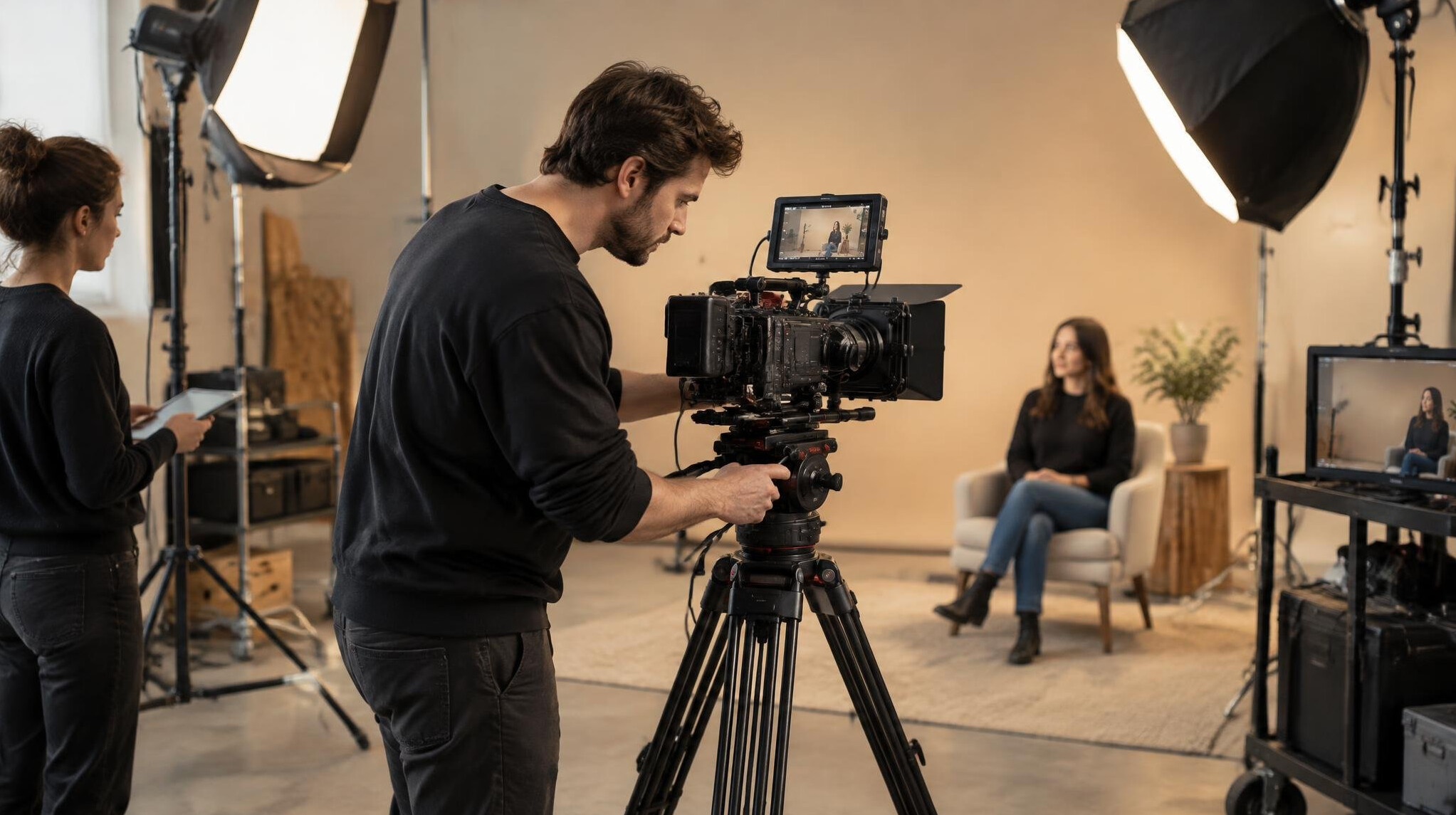 Film crew with a professional camera and studio lights on set