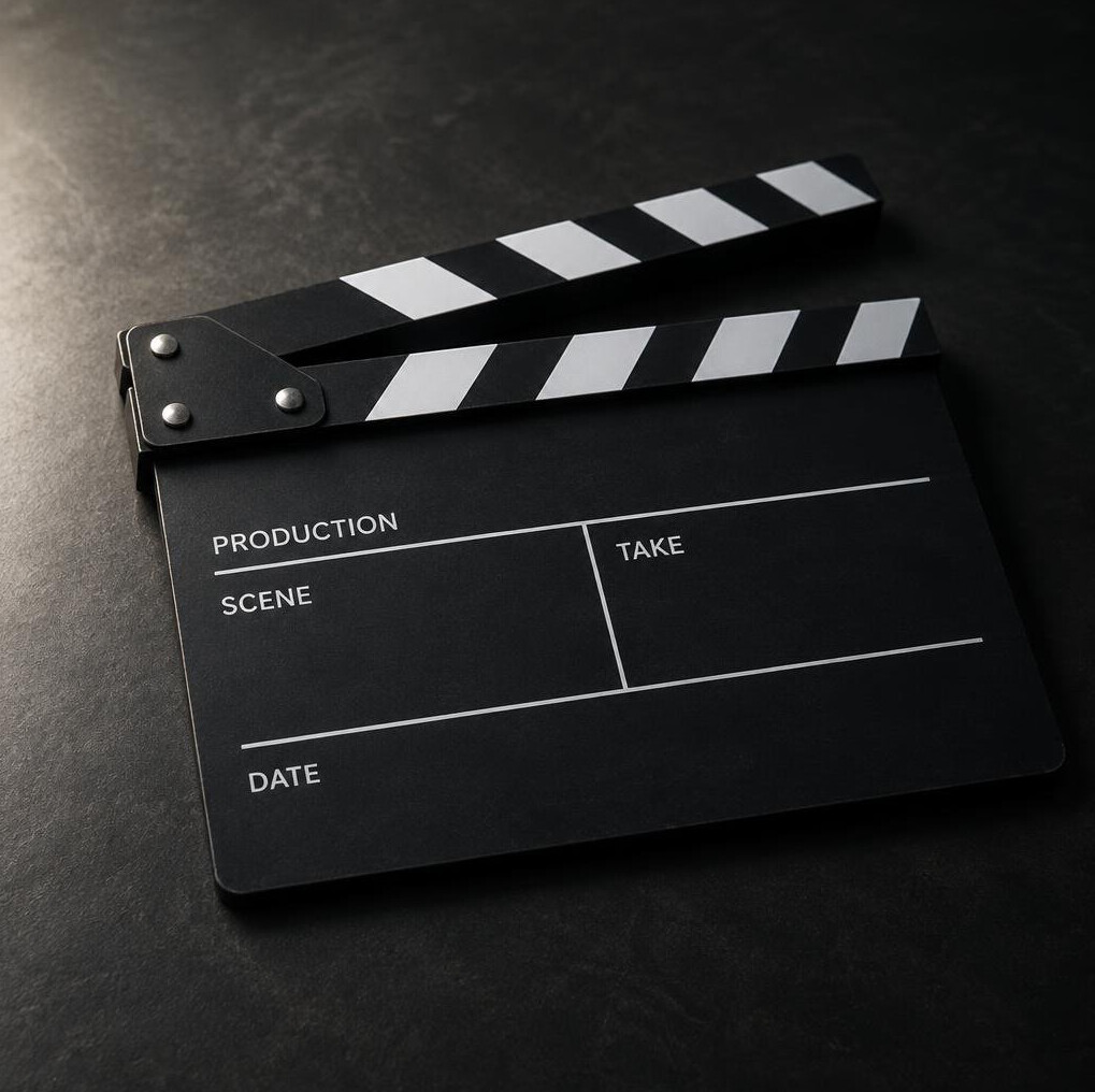 Film clapperboard on a dark surface