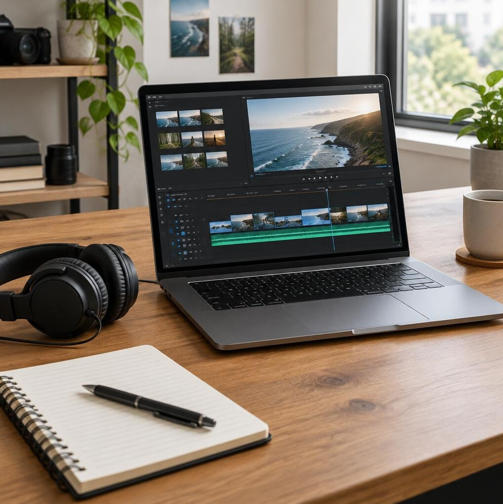 Laptop and video editing workspace on a desk