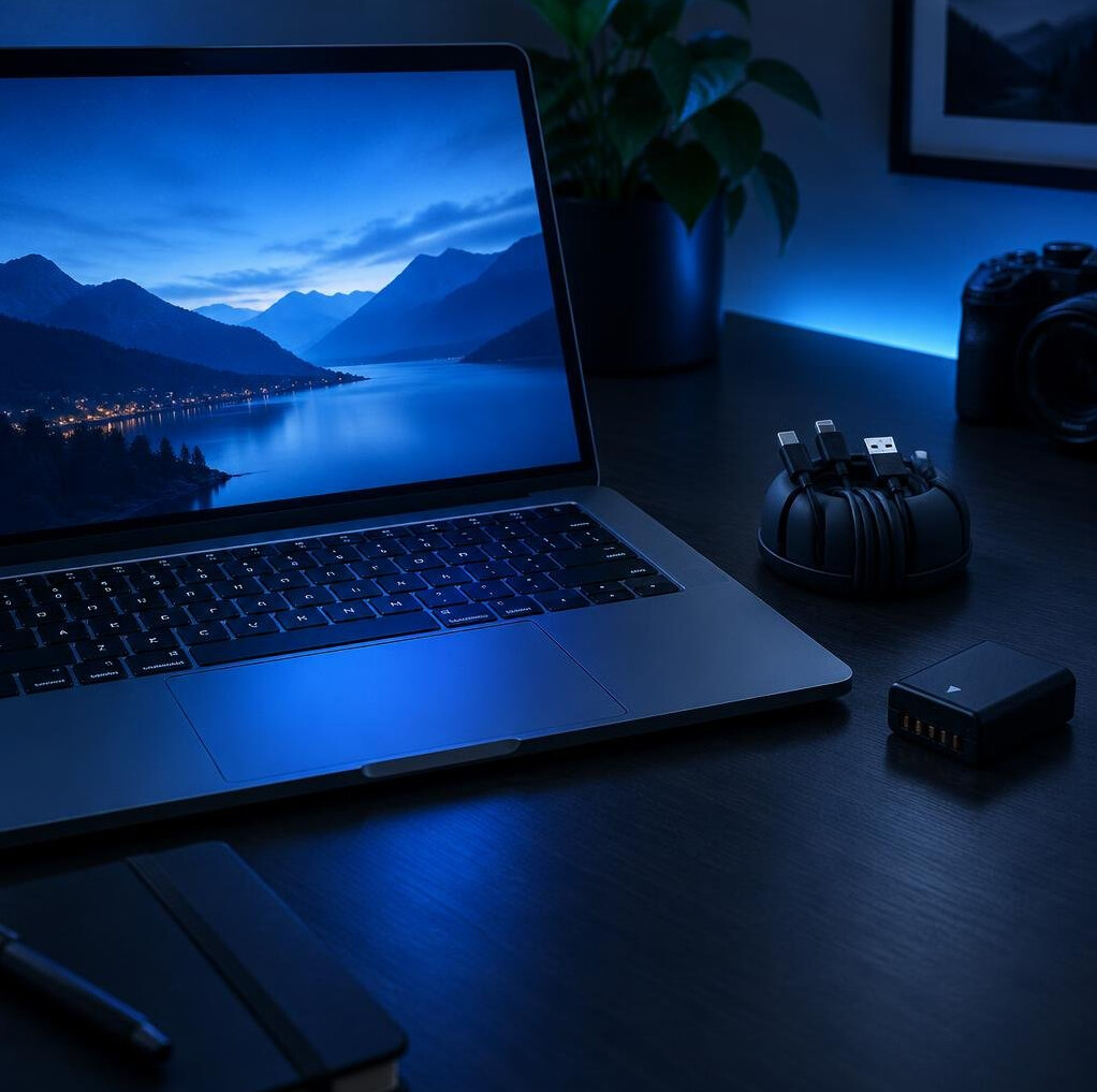 Laptop glowing with data in a dark room