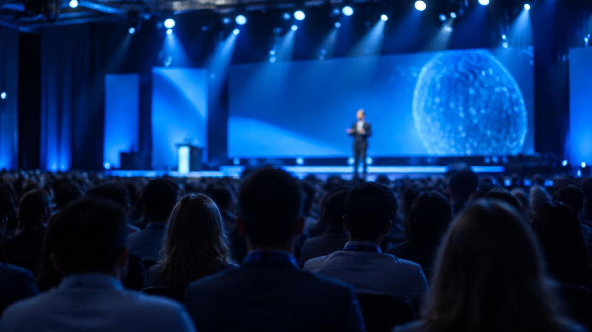 Stage with lighting and audience at a live media event