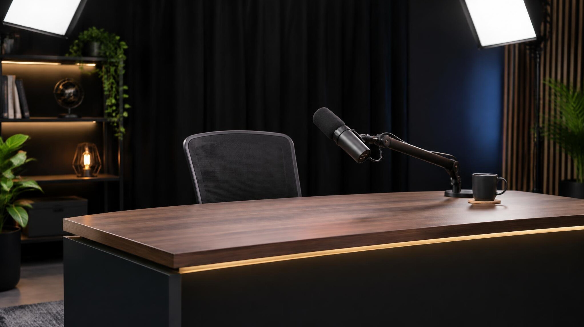 Broadcast studio with microphone and lighting