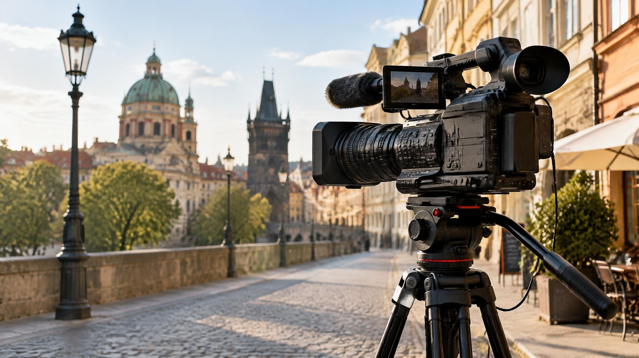Video camera on a tripod outdoors for field reporting